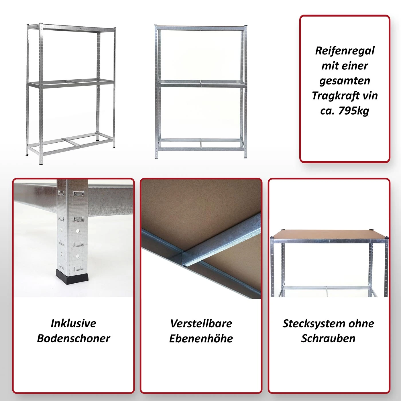 Reifenregal MCW-E36, Reifenständer Lagerregal Schwerlastregal, Tragkraft Bis 795kg Verzinkt 180x120x40cm 2 Reifenregal MCW-E36, Reifenständer Lagerregal Schwerlastregal, Tragkraft Bis 795kg Verzinkt 180x120x40cm – Bild 2