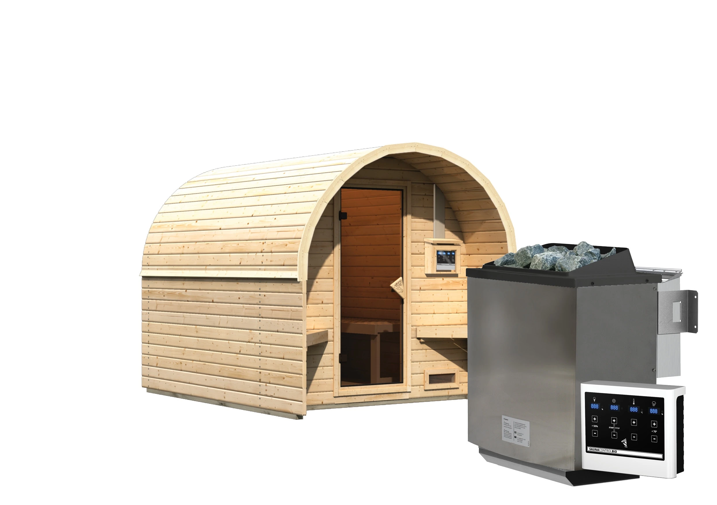 Karibu Fasshaus "lfe" SET Naturbelassen Mit Ofen 9 KW Bio Ext. Strg., Kabel, Dachfolie 1 Karibu Fasshaus "lfe" SET Naturbelassen Mit Ofen 9 KW Bio Ext. Strg., Kabel, Dachfolie