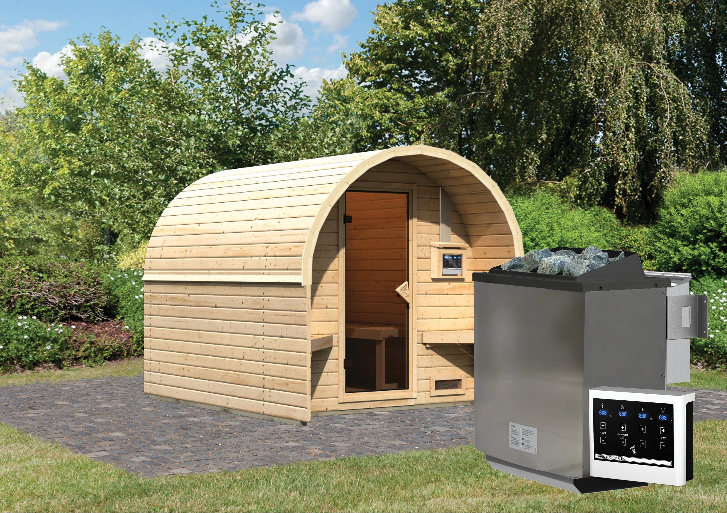 Karibu Fasshaus "lfe" SET Naturbelassen Mit Ofen 9 KW Bio Ext. Strg., Kabel, Dachfolie 2 Karibu Fasshaus "lfe" SET Naturbelassen Mit Ofen 9 KW Bio Ext. Strg., Kabel, Dachfolie – Bild 2