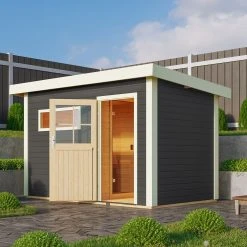 Karibu Saunahaus "Ondo" 1 SET Terragrau Mit Ofen 9 KW Bio Ext. Strg, Kabel, Dachfolie, Fenster