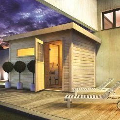 Karibu Saunahaus "Ondo 1" SET Naturbelassen Mit Ofen 9 KW Bio Ext. Strg, Kabel, Dachfolie, Fenster