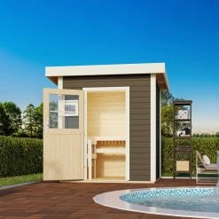 Karibu Saunahaus "Ekiti" SET Terragrau Mit Ofen 9 KW Bio Ext. Strg., Kabel, Dachfolie