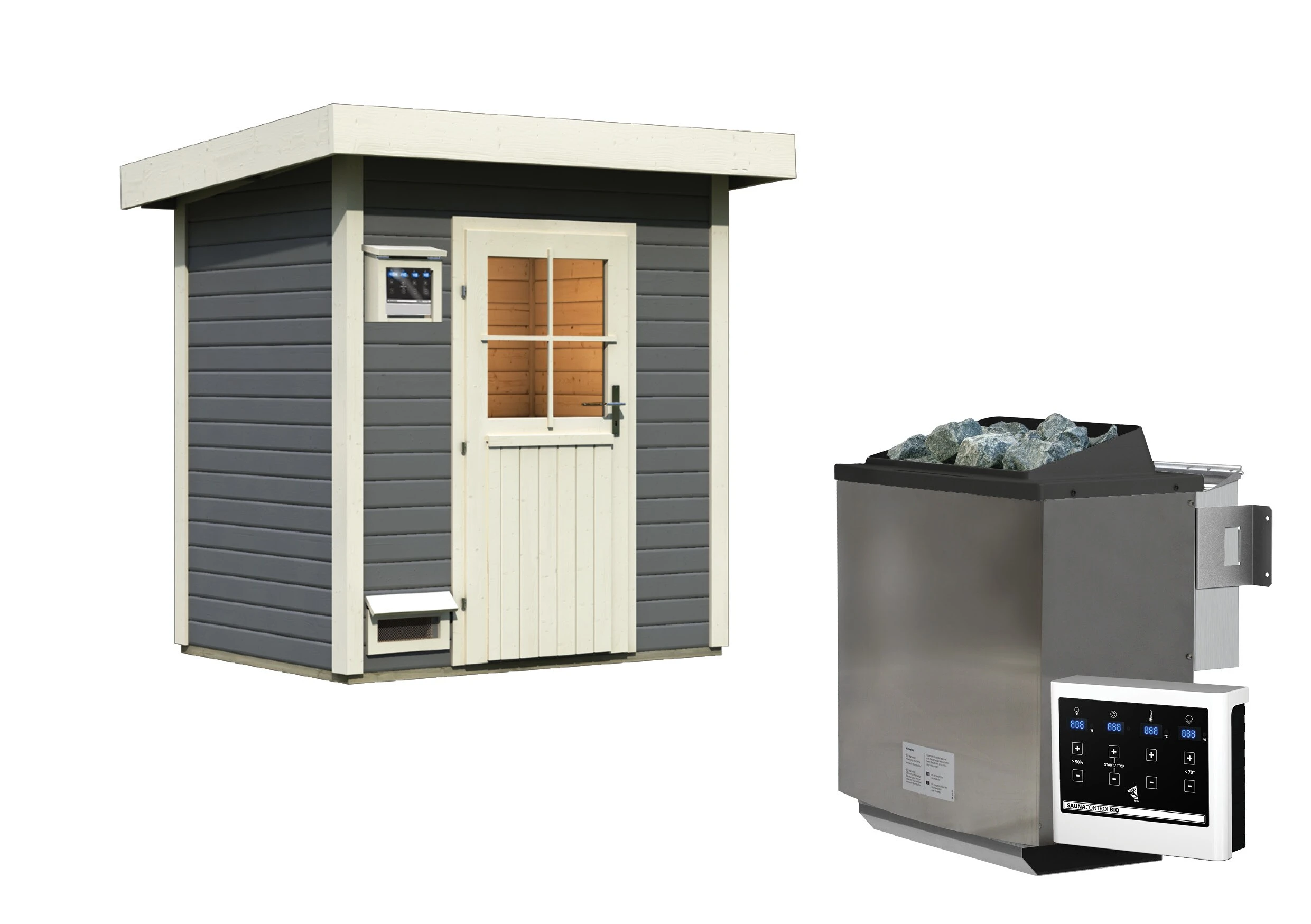 Karibu Saunahaus "Ekiti" SET Terragrau Mit Ofen 9 KW Bio Ext. Strg., Kabel, Dachfolie 2 Karibu Saunahaus "Ekiti" SET Terragrau Mit Ofen 9 KW Bio Ext. Strg., Kabel, Dachfolie – Bild 2