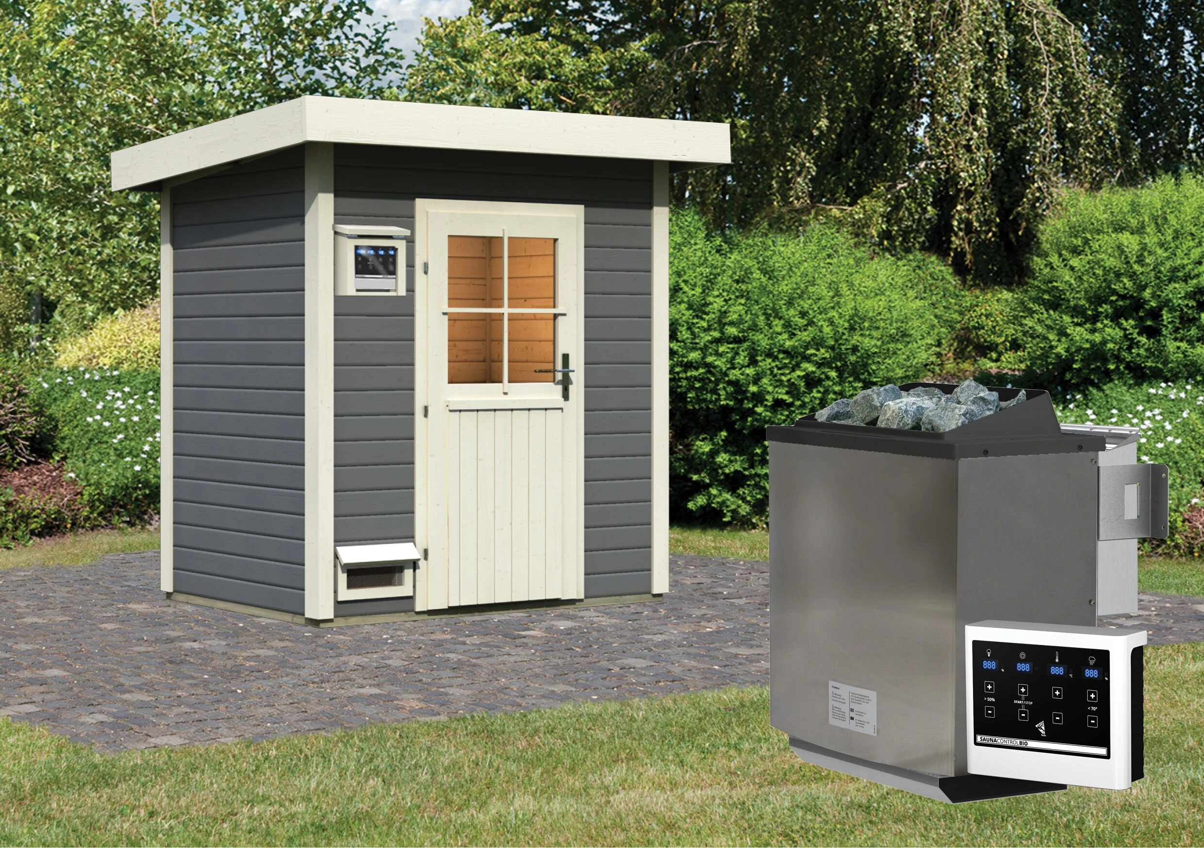 Karibu Saunahaus "Ekiti" SET Terragrau Mit Ofen 9 KW Bio Ext. Strg., Kabel, Dachfolie 3 Karibu Saunahaus "Ekiti" SET Terragrau Mit Ofen 9 KW Bio Ext. Strg., Kabel, Dachfolie – Bild 3