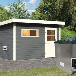 Karibu Saunahaus "Ondo 1" SET Terragrau Mit Ofen 9 KW Ext. Strg, Kabel, Dachfolie, Fenster