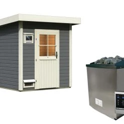 Karibu Saunahaus "Ekiti" SET Terragrau Mit Ofen 9 KW Ext. Strg., Kabel, Dachfolie