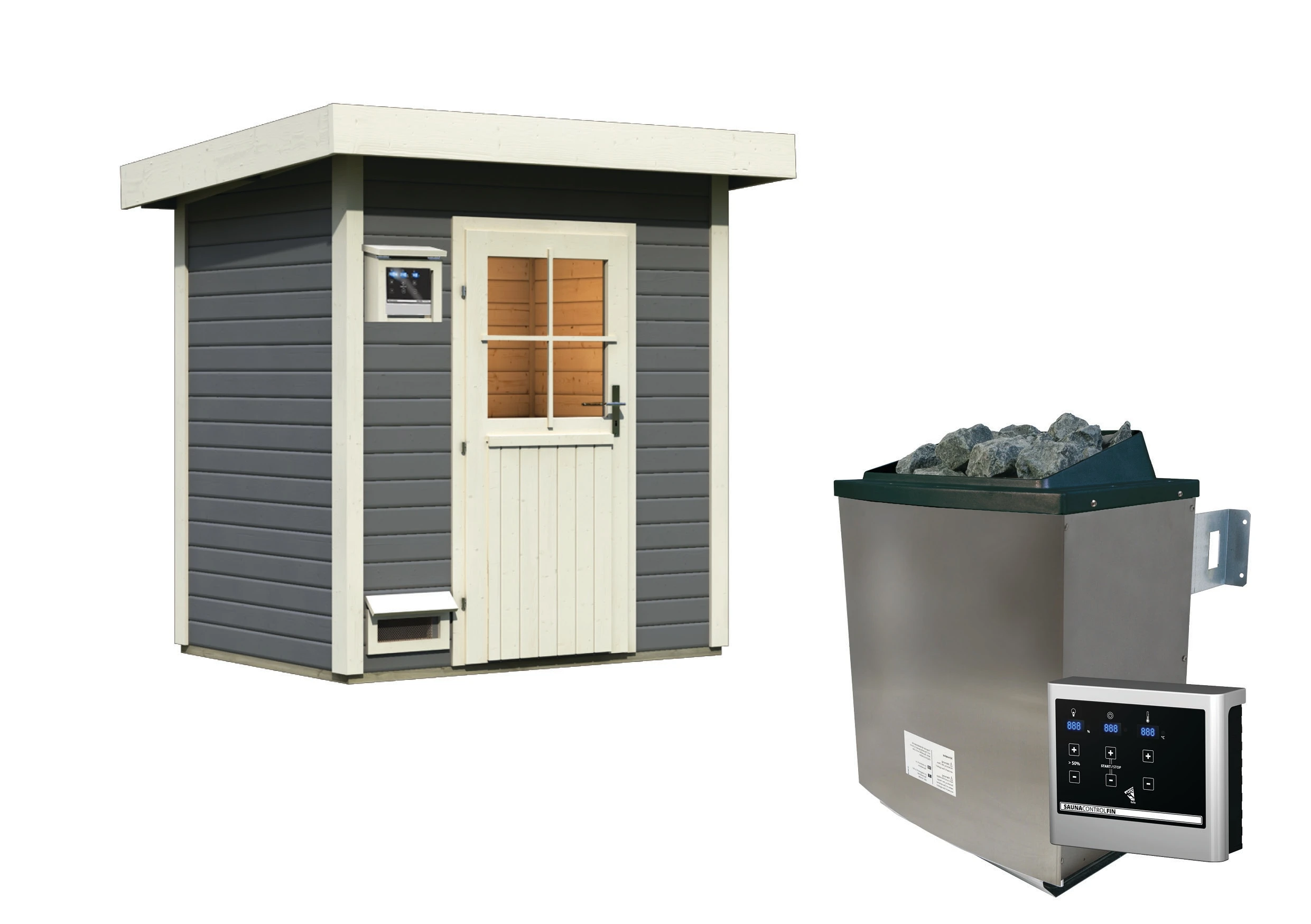 Karibu Saunahaus "Ekiti" SET Terragrau Mit Ofen 9 KW Ext. Strg., Kabel, Dachfolie 1 Karibu Saunahaus "Ekiti" SET Terragrau Mit Ofen 9 KW Ext. Strg., Kabel, Dachfolie