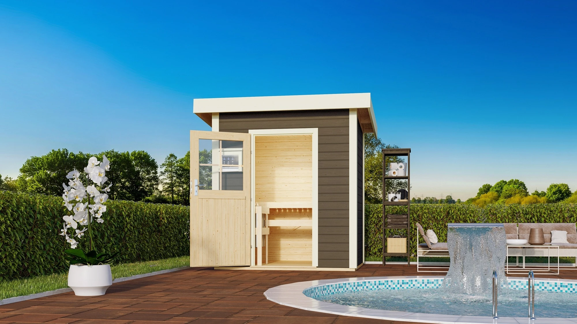 Karibu Saunahaus "Ekiti" SET Terragrau Mit Ofen 9 KW Ext. Strg., Kabel, Dachfolie 2 Karibu Saunahaus "Ekiti" SET Terragrau Mit Ofen 9 KW Ext. Strg., Kabel, Dachfolie – Bild 2