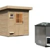Karibu Saunahaus "Ekiti" SET Naturbelassen Mit Ofen 9 KW Bio Ext. Strg., Kabel, Dachfolie