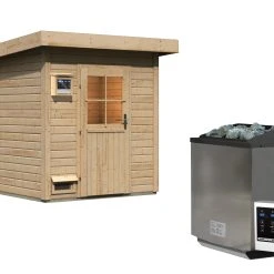 Karibu Saunahaus "Ekiti" SET Naturbelassen Mit Ofen 9 KW Bio Ext. Strg., Kabel, Dachfolie