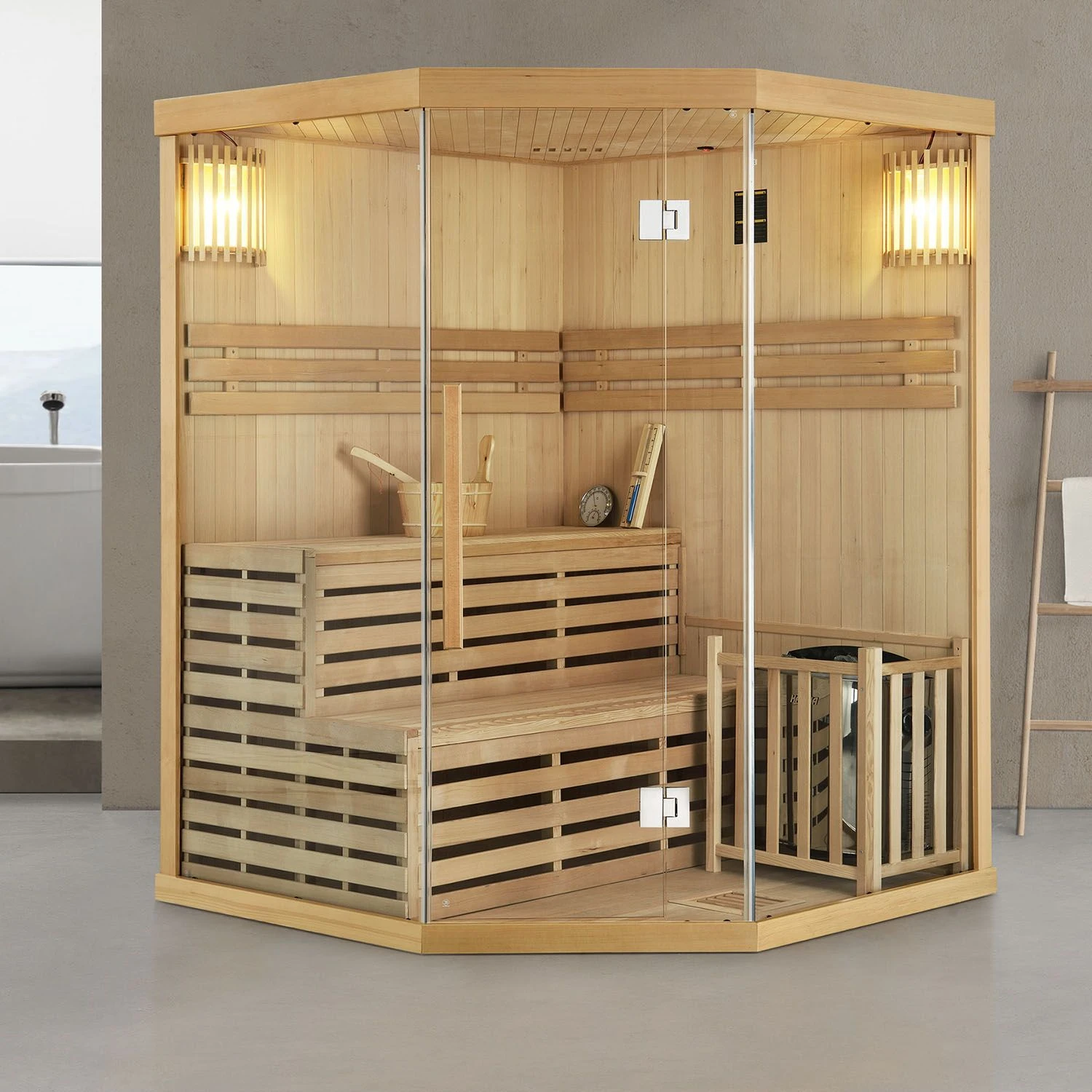 Artsauna Saunakabine Espoo150 Premium Mit Harvia Ofen – 3 Personen – Hemlock Holz & Glasfront 2 Artsauna Saunakabine Espoo150 Premium Mit Harvia Ofen – 3 Personen – Hemlock Holz & Glasfront – Bild 2