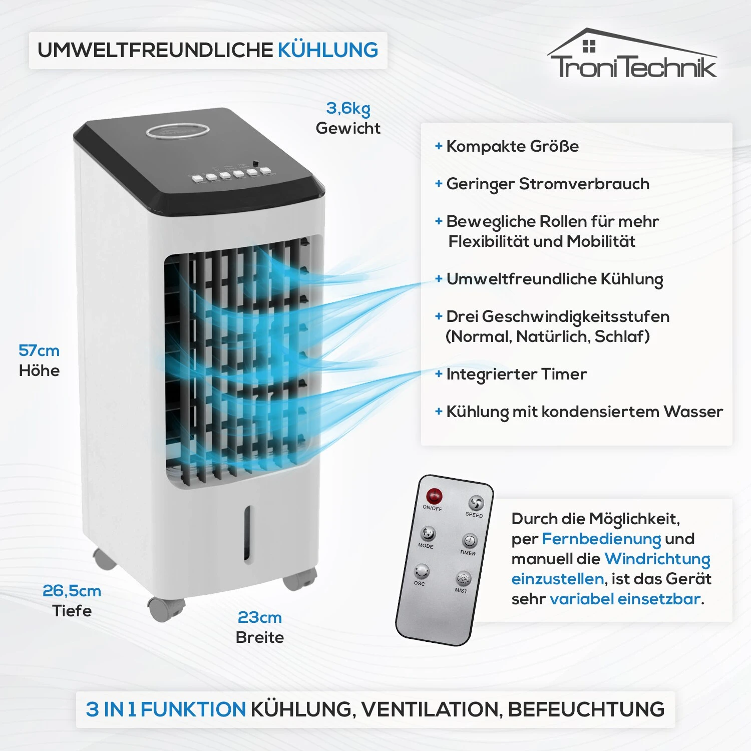TroniTechnik Mobiles Klimagerät 4in1 Klimaanlage Luftkühler LK03 Ventilator, Inkl. Fernbedienung Und Filter 3 TroniTechnik Mobiles Klimagerät 4in1 Klimaanlage Luftkühler LK03 Ventilator, Inkl. Fernbedienung Und Filter – Bild 3