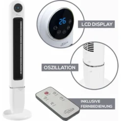 TroniTechnik Turmventilator Standventilator Lüfter TUV01 120cm Weiß, Inkl. Display, Fernbedienung, Oszillation, Timer