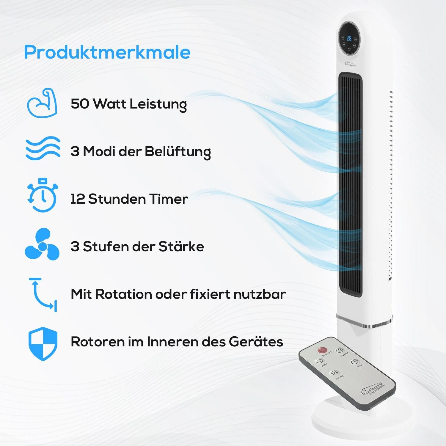TroniTechnik Turmventilator Standventilator Lüfter TUV01 120cm Weiß, Inkl. Display, Fernbedienung, Oszillation, Timer 2 TroniTechnik Turmventilator Standventilator Lüfter TUV01 120cm Weiß, Inkl. Display, Fernbedienung, Oszillation, Timer – Bild 2