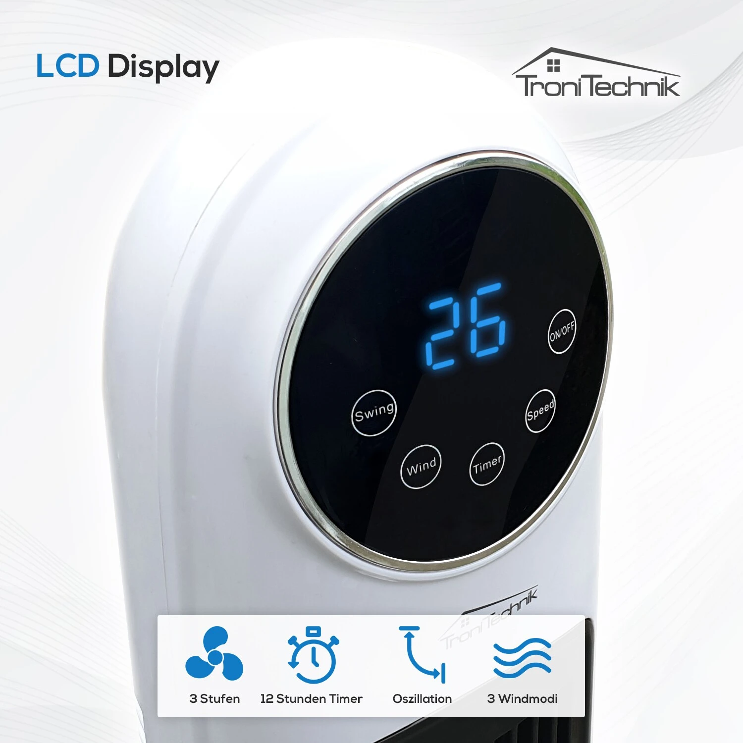 TroniTechnik Turmventilator Standventilator Lüfter TUV01 120cm Weiß, Inkl. Display, Fernbedienung, Oszillation, Timer 3 TroniTechnik Turmventilator Standventilator Lüfter TUV01 120cm Weiß, Inkl. Display, Fernbedienung, Oszillation, Timer – Bild 3