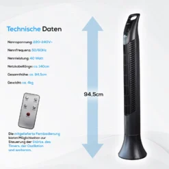 TroniTechnik Turmventilator Standventilator Lüfter TUV03 94,5cm, Inkl. Oszillation, Timer -BRB-Lagertechnik Geschäft 8600355400 4106 prod 006