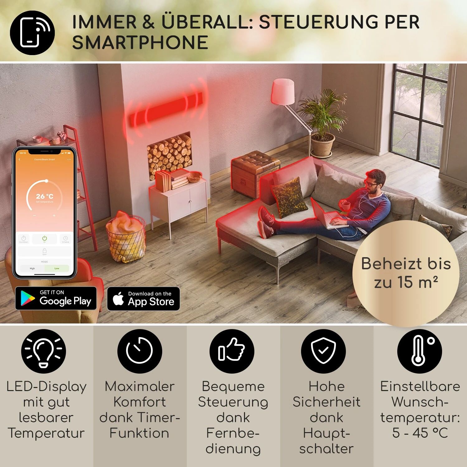 Blumfeldt Cosmic Beam Smart 24 Infrarot-Heizstrahler 2400W App-Steuerung Fernbedienung 3 Blumfeldt Cosmic Beam Smart 24 Infrarot-Heizstrahler 2400W App-Steuerung Fernbedienung – Bild 3