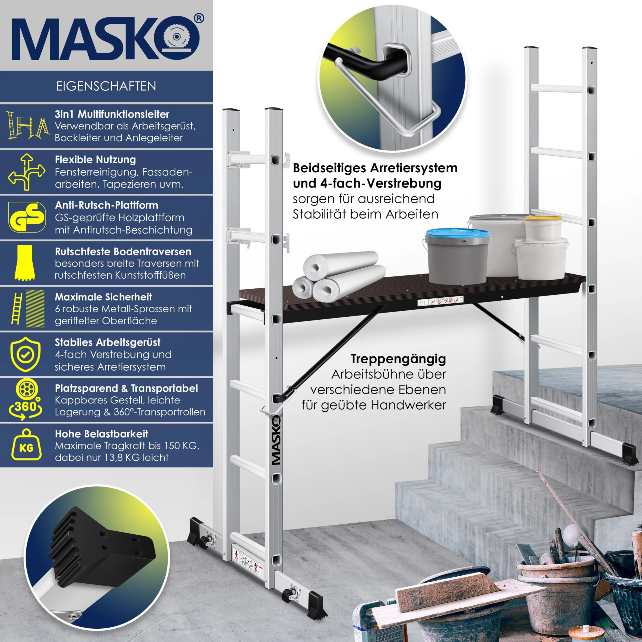 Masko® Baugerüst Alugerüst Gerüst ? Alu ? Leiter ? Arbeitsgerüst ? Arbeitsbühne | Bis 150 KG Belastbar | Anti-Rutsch Beschichtet | Gerüstleiter | GS Geprüft (EN 131) 2 Masko® Baugerüst Alugerüst Gerüst ? Alu ? Leiter ? Arbeitsgerüst ? Arbeitsbühne | Bis 150 KG Belastbar | Anti-Rutsch Beschichtet | Gerüstleiter | GS Geprüft (EN 131) – Bild 2