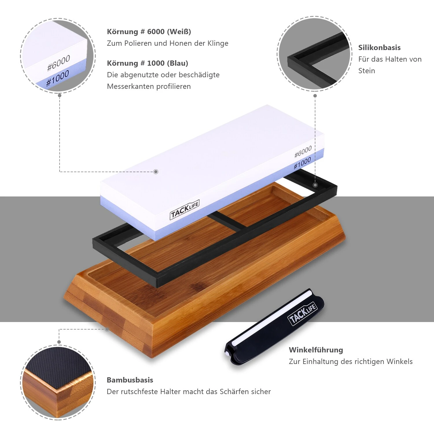 TACKLIFE Wetzstein, Körnung 1000/6000, Doppelseitiger Wetzstein, Weißer Korund, Rutschfeste Silikonrückseite, HSS1A 2 TACKLIFE Wetzstein, Körnung 1000/6000, Doppelseitiger Wetzstein, Weißer Korund, Rutschfeste Silikonrückseite, HSS1A – Bild 2